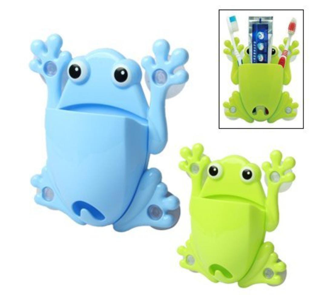 Frog Toothbrush Holder Powerful Sucker Punch Free Children Storage Rack Toothpaste Toothbrush Holder, Plastic Home Bathroom Organizer Tool Stand For Kids Makeup Tools Wall Stick Organizer Bathroom Accessories