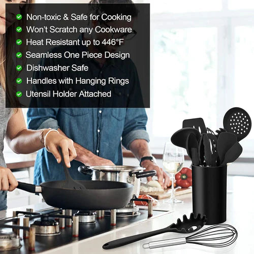12-Piece Silicone Kitchen Cooking Utensils Set with Holder, Kitchen Tools Include Slotted Spatula Spoon Turner Ladle Tong Whisk, Dishwasher Safe