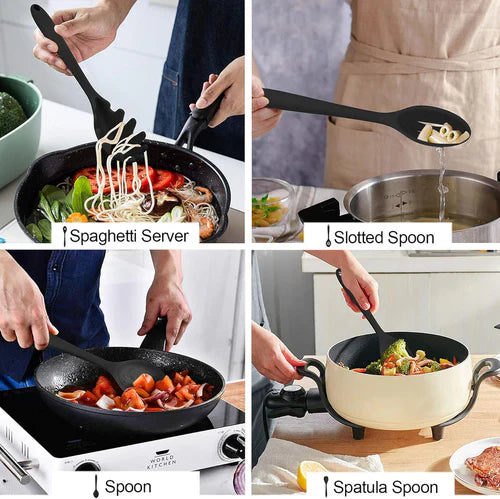 12-Piece Silicone Kitchen Cooking Utensils Set with Holder, Kitchen Tools Include Slotted Spatula Spoon Turner Ladle Tong Whisk, Dishwasher Safe