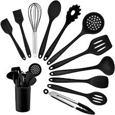 12-Piece Silicone Kitchen Cooking Utensils Set with Holder, Kitchen Tools Include Slotted Spatula Spoon Turner Ladle Tong Whisk, Dishwasher Safe