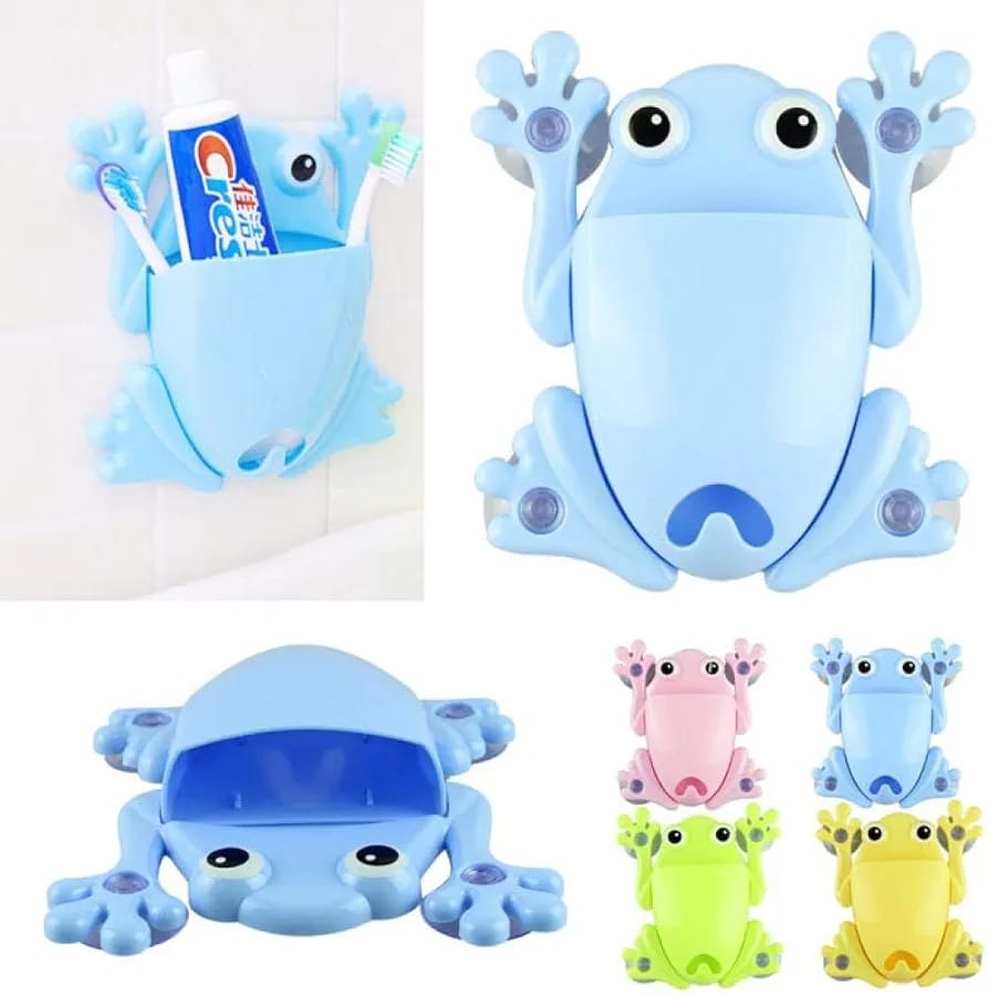 Frog Toothbrush Holder Powerful Sucker Punch Free Children Storage Rack Toothpaste Toothbrush Holder, Plastic Home Bathroom Organizer Tool Stand For Kids Makeup Tools Wall Stick Organizer Bathroom Accessories