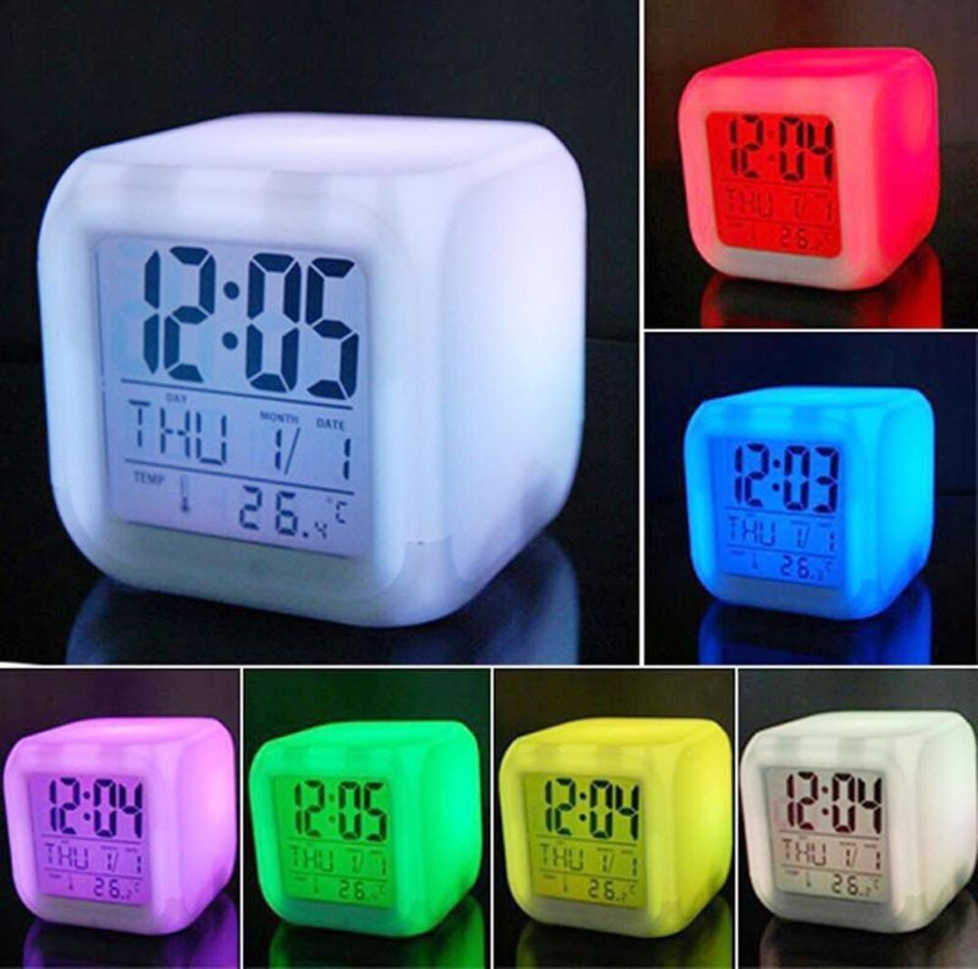 7 COLOUR CHANGE LED GLOWING DIGITAL ALARM CLOCK, Digital Table Clock 7 Color Changing Led Lights Big Size Big size Digital Screen Temperature & Calendar & Battery Operated Glowing LED Table Alarm Clock
