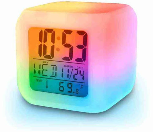 7 COLOUR CHANGE LED GLOWING DIGITAL ALARM CLOCK, Digital Table Clock 7 Color Changing Led Lights Big Size Big size Digital Screen Temperature & Calendar & Battery Operated Glowing LED Table Alarm Clock