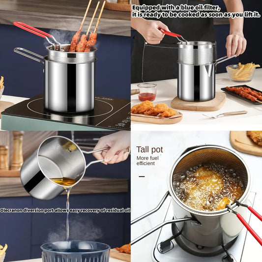 Stainless Steel Multipurpose Frying Pot with Handle and Basket - Milk Pot Small Deep Fat Fryer Chip Fryer for Kitchen